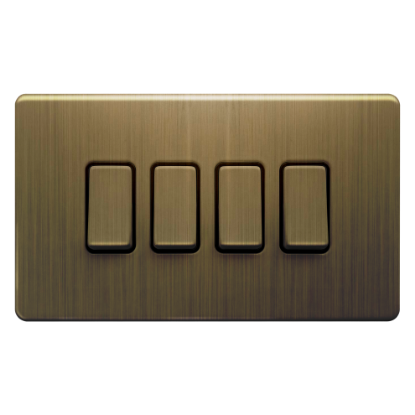 Show details for Terra 4 Gang 2 Way 10AX Single Pole Switch Antique Brushed Brass Picture of Terra 4 Gang 2 Way 10AX Single Pole Switch Antique Brushed Brass